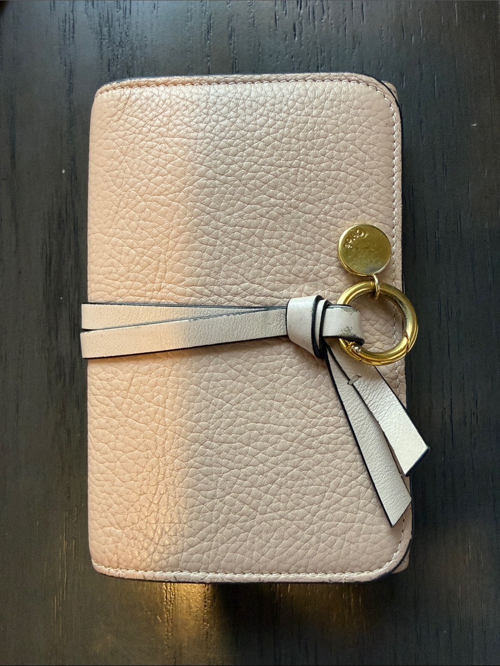Authentic Chloe Alphabet Pebbled Leather Wallet with Blush with Gold Ring Accent
